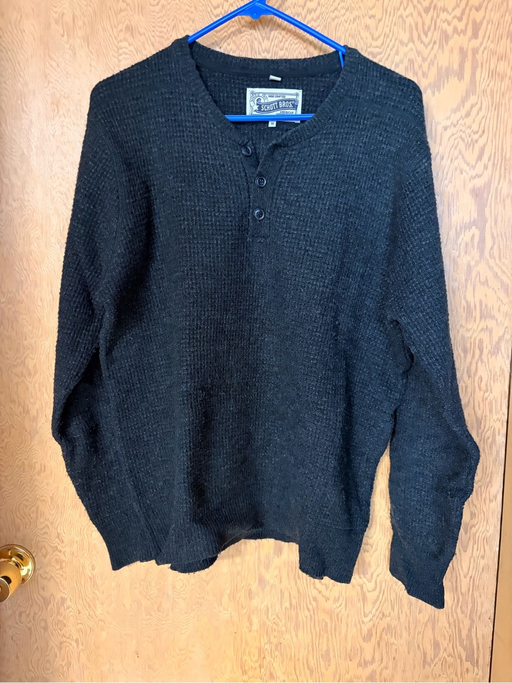 Schott Bros Men’s Charcoal Waffle Henley Crewneck Sweater